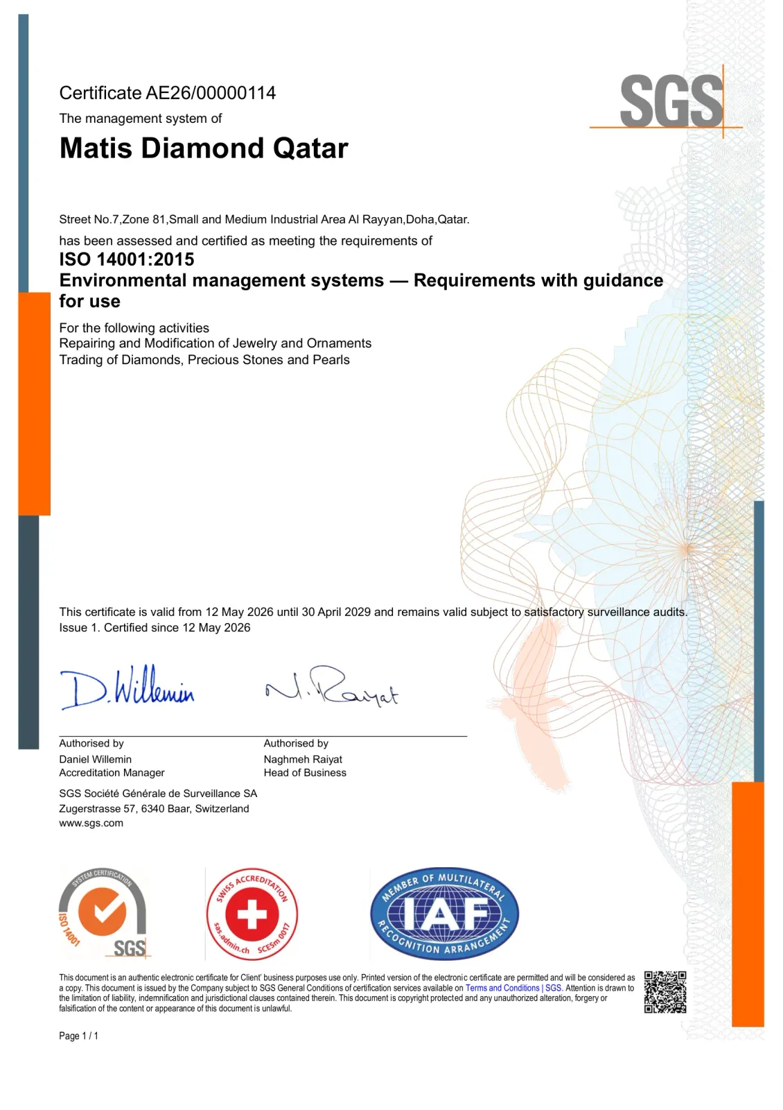 ISO 14001:2015 certificate – Matis Diamond Qatar
