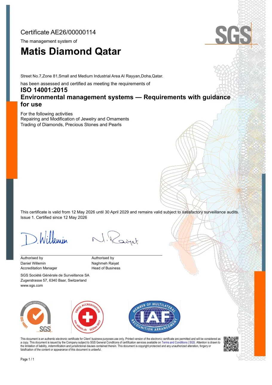 ISO 14001:2015 certificate – Matis Diamond Qatar