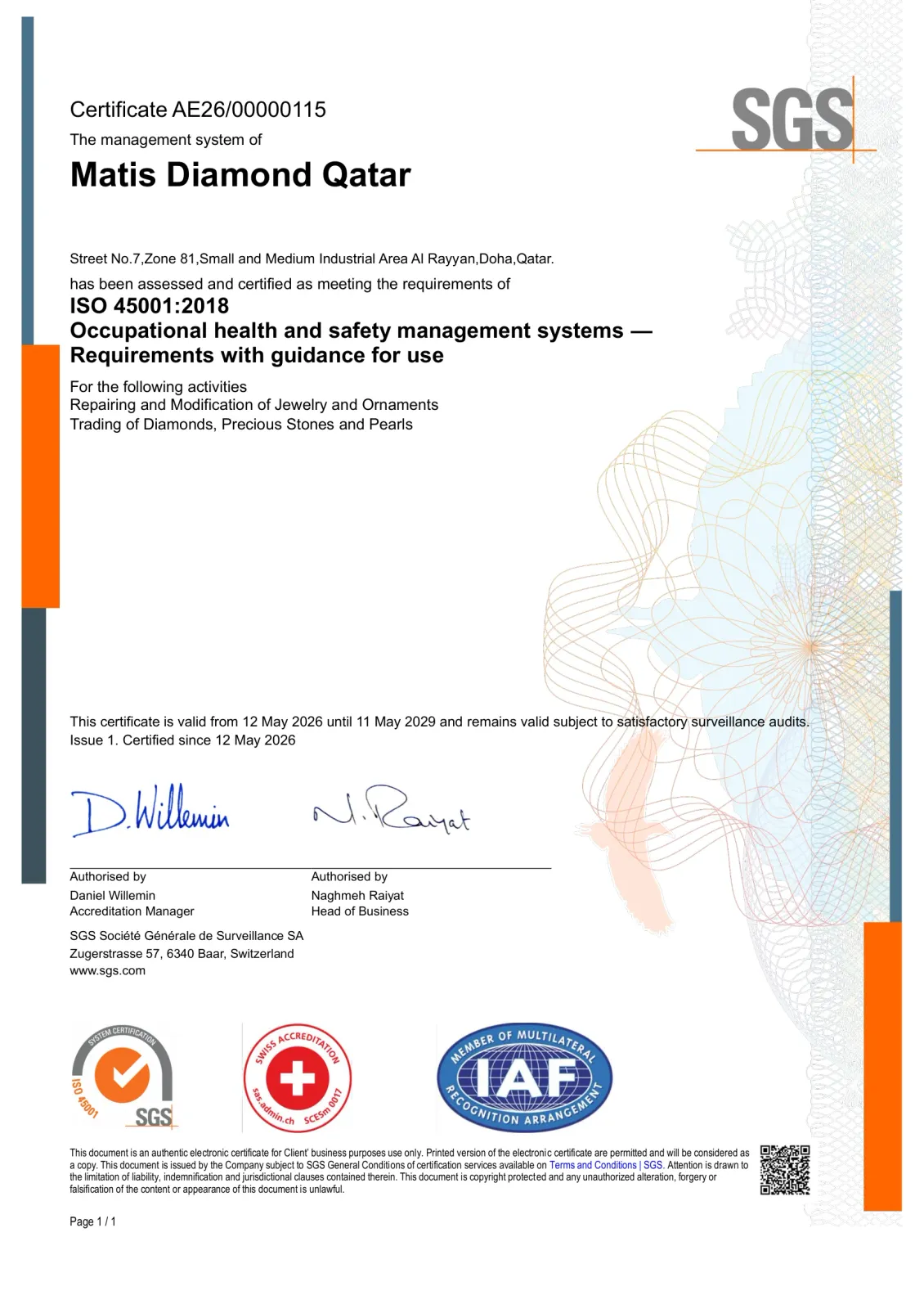 ISO 45001:2018 certificate – Matis Diamond Qatar