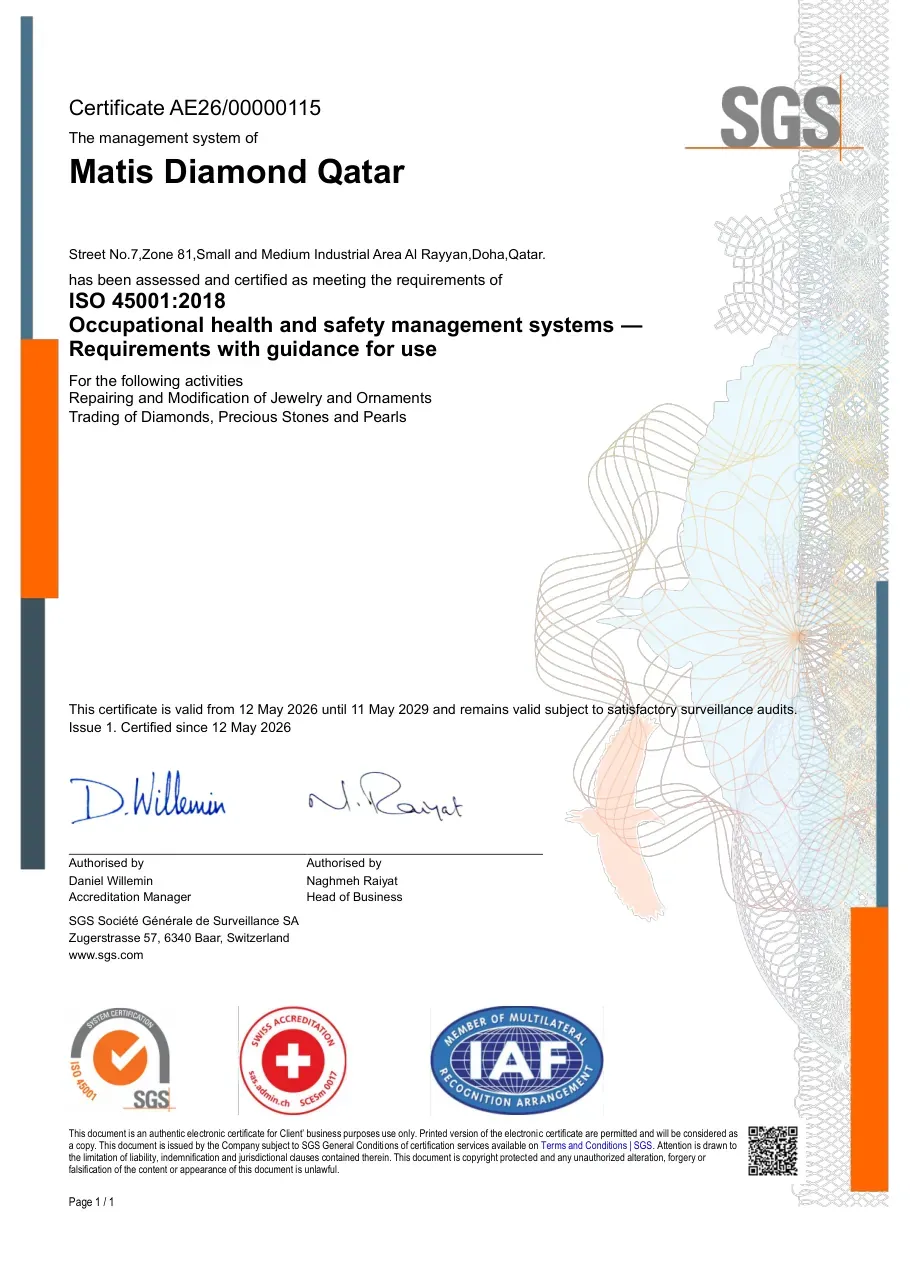 ISO 45001:2018 certificate – Matis Diamond Qatar