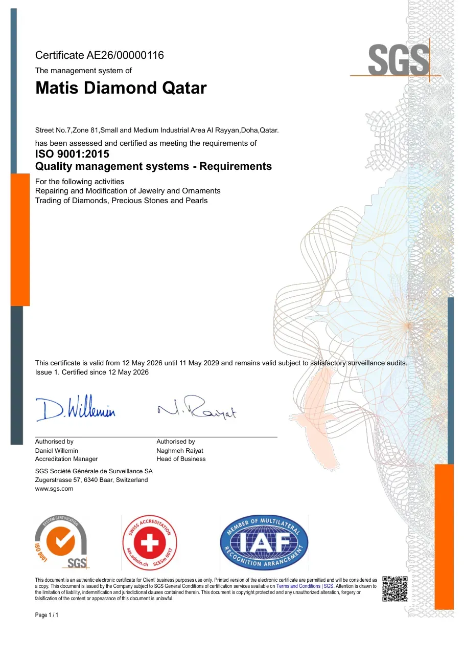 ISO 9001:2015 certificate – Matis Diamond Qatar